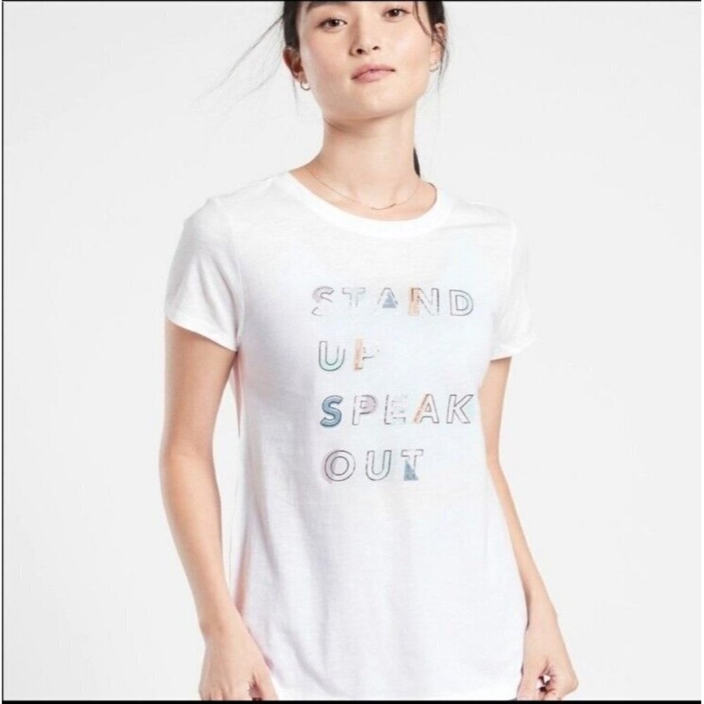 NWT Athleta Organic Daily Crew Graphic Tee Stand Up Speak Out - M